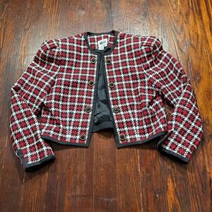 Vintage Leslie Fay Jacket Womens 14 Red Houndstooth‎ Plaid Maximalist Leslie